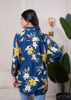 Juniper Lamora Navy Blue Floral Print Long Sleeve Button-Down Shirt - Distacart