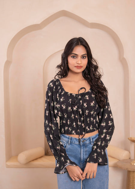 Juniper Lamora Black Floral Smocked Crop Top
