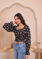 Juniper Lamora Black Floral Smocked Crop Top - Distacart