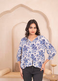 Juniper Lamora White & Blue Baroque Floral Printed Top - Distacart