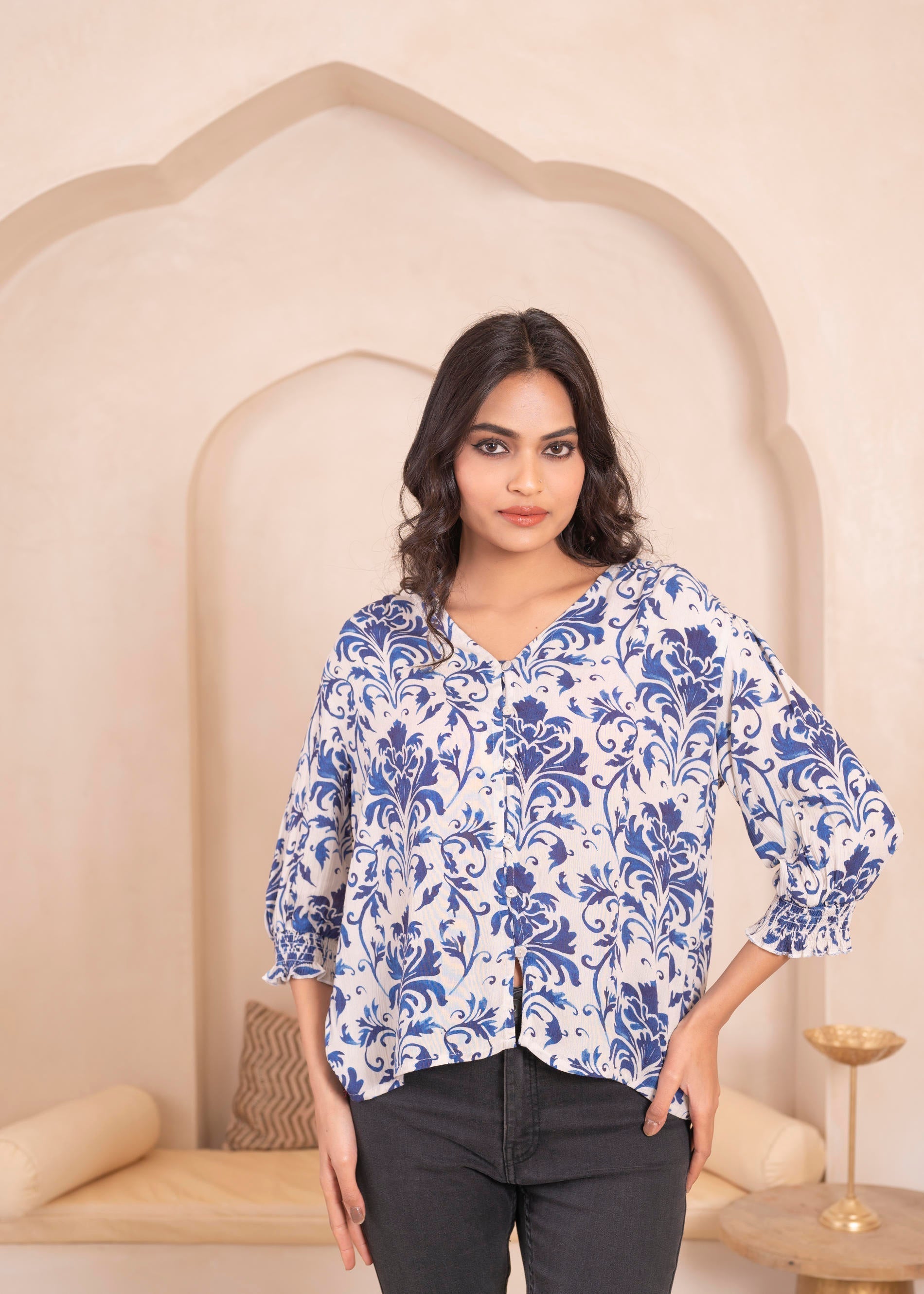 Juniper Lamora White & Blue Baroque Floral Printed Top - Distacart