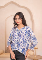 Juniper Lamora White & Blue Baroque Floral Printed Top - Distacart
