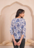 Juniper Lamora White & Blue Baroque Floral Printed Top - Distacart