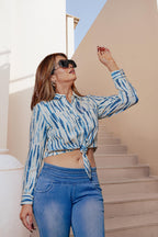 Juniper Lamora Indigo Blue & White Tie-Dye Striped Shirt Crop Top With Front Knot - Distacart