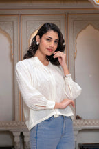 Juniper White Textured Dobby Weave Casual Top With Balloon Sleeves