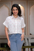 Juniper White Heart-Patterned Short Sleeve Casual Shirt For Women