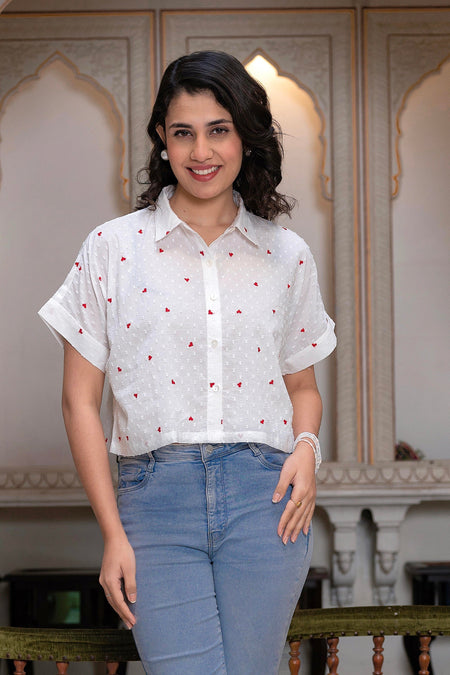 Juniper White Heart-Patterned Short Sleeve Casual Shirt For Women