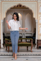 Juniper White Heart-Patterned Short Sleeve Casual Shirt For Women