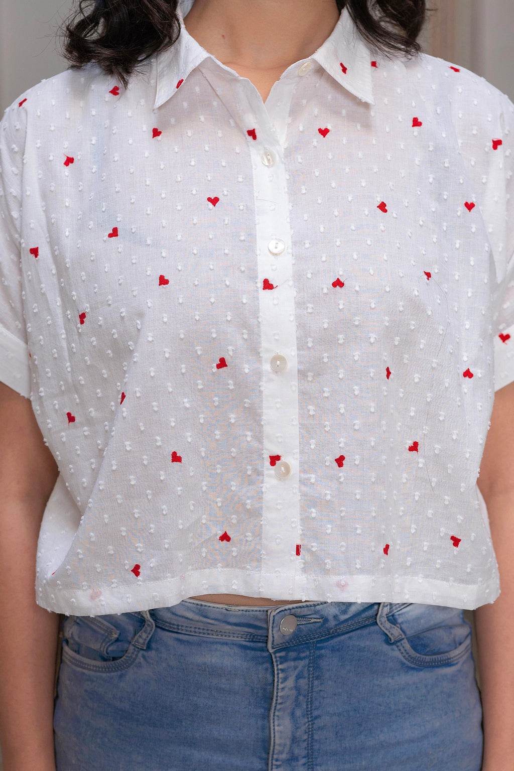 Juniper White Heart-Patterned Short Sleeve Casual Shirt For Women
