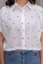 Juniper White Heart-Patterned Short Sleeve Casual Shirt For Women