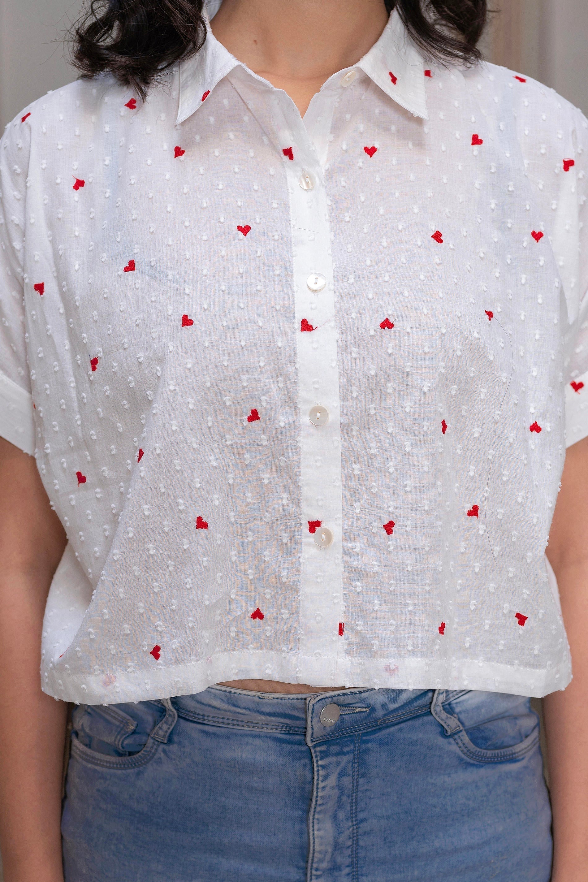 Juniper White Heart-Patterned Short Sleeve Casual Shirt For Women