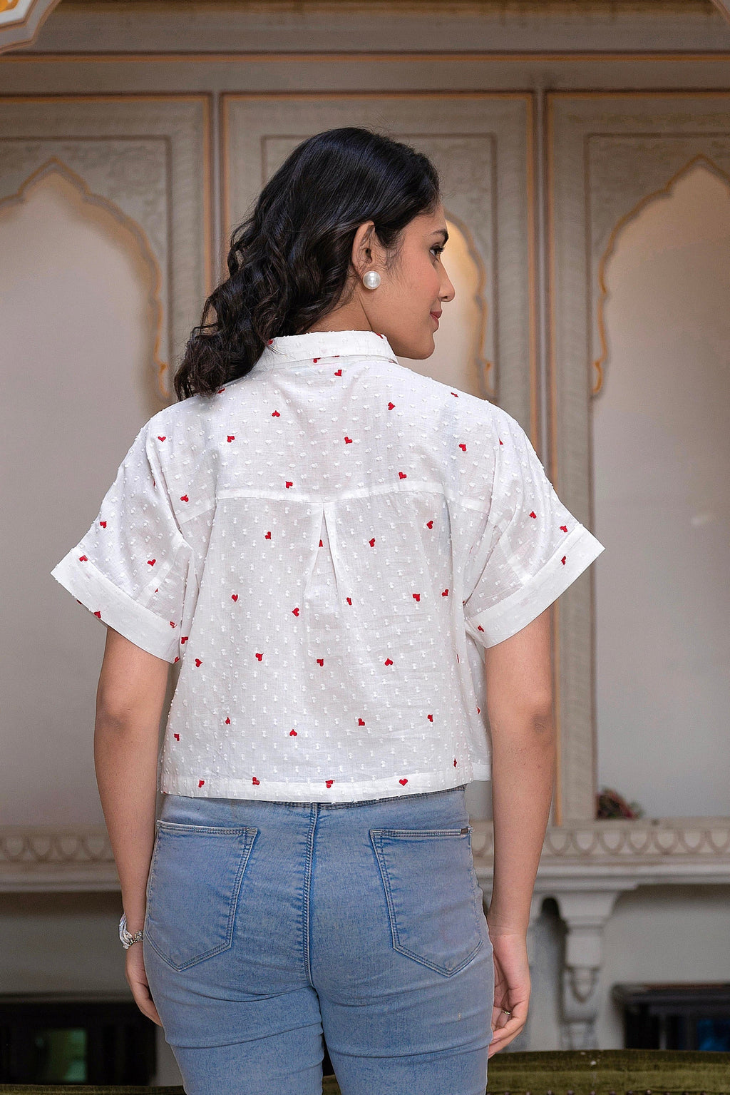 Juniper White Heart-Patterned Short Sleeve Casual Shirt For Women