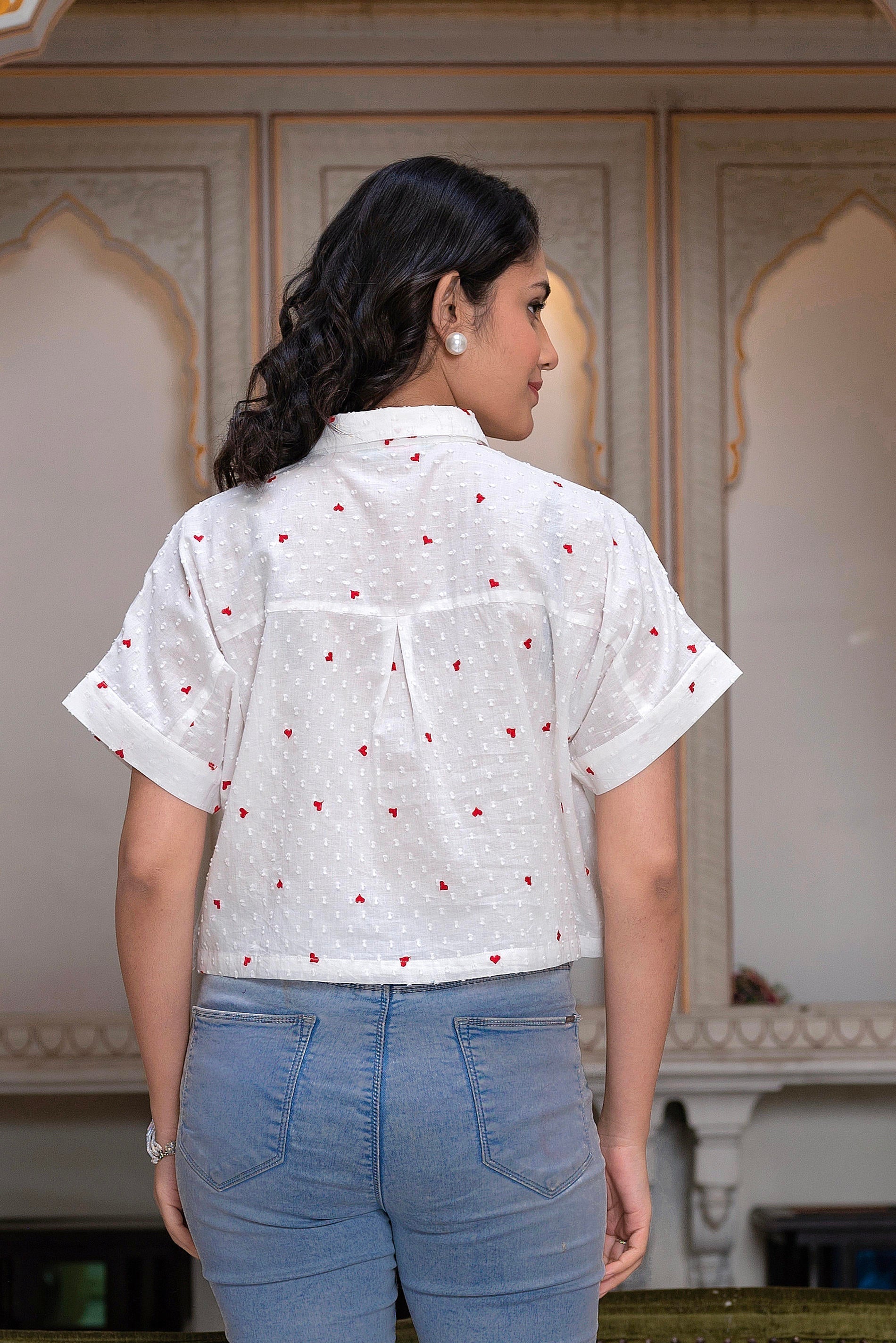 Juniper White Heart-Patterned Short Sleeve Casual Shirt For Women