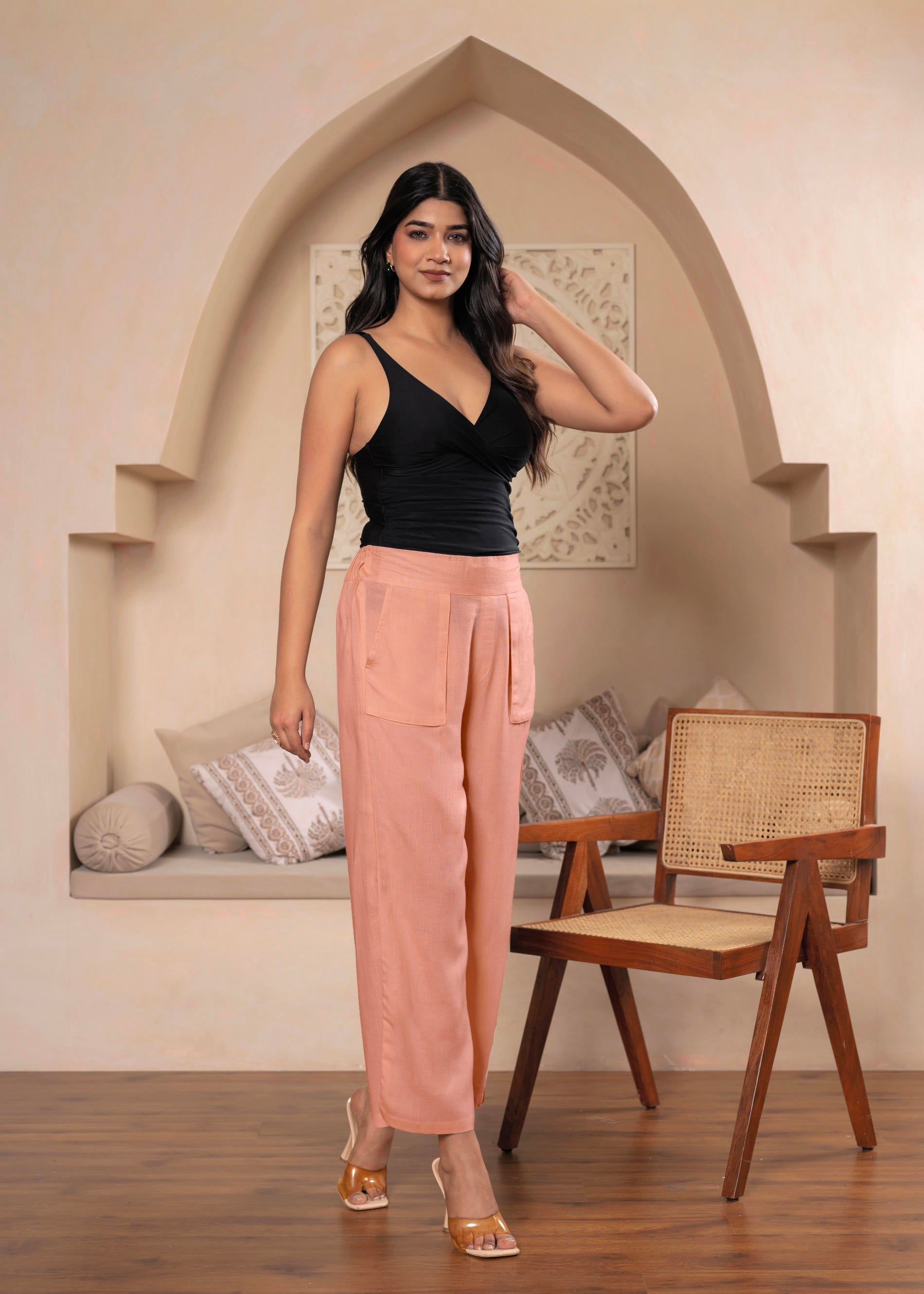 Juniper Lamora Women? Peach Wide-Leg Palazzo With Utility Pockets