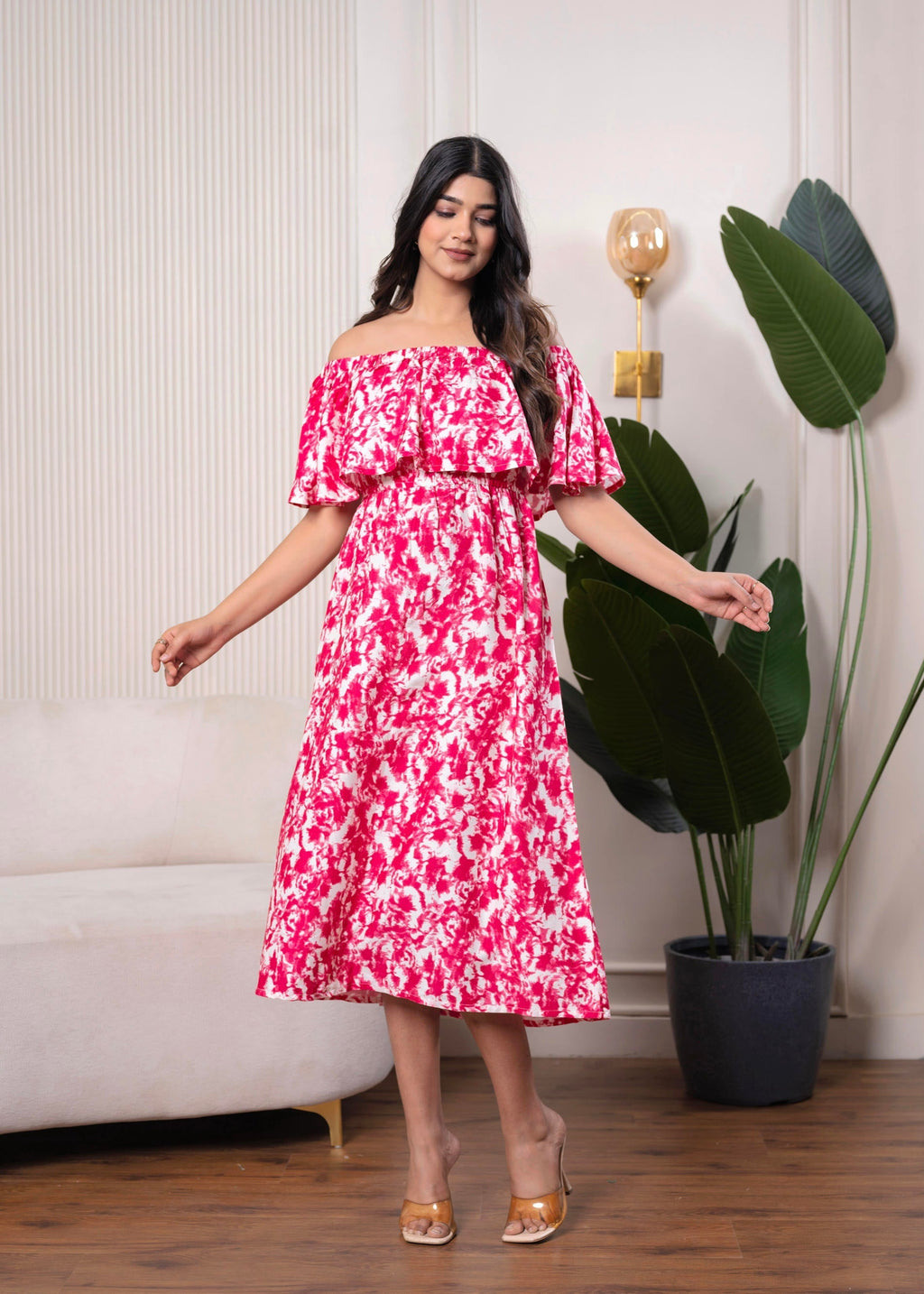 Juniper Lamora Pink & White Off-Shoulder Ruffle Midi Dress - Distacart