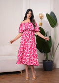 Juniper Lamora Pink & White Off-Shoulder Ruffle Midi Dress - Distacart