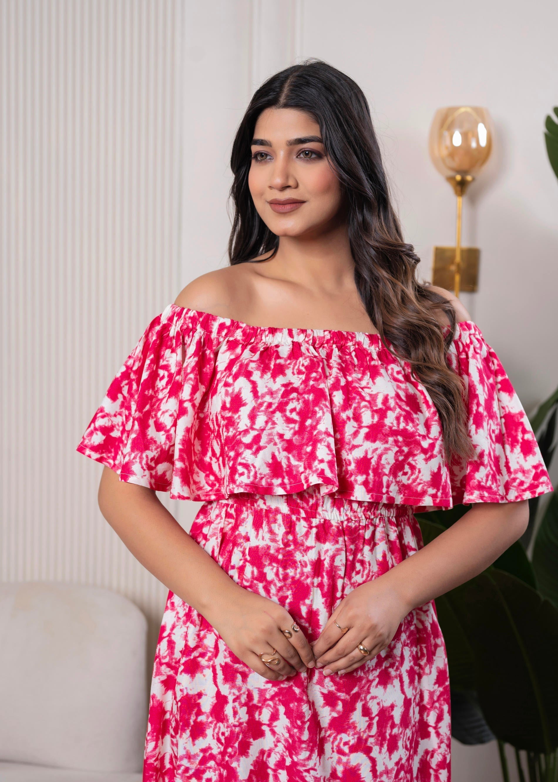 Juniper Lamora Pink & White Off-Shoulder Ruffle Midi Dress - Distacart