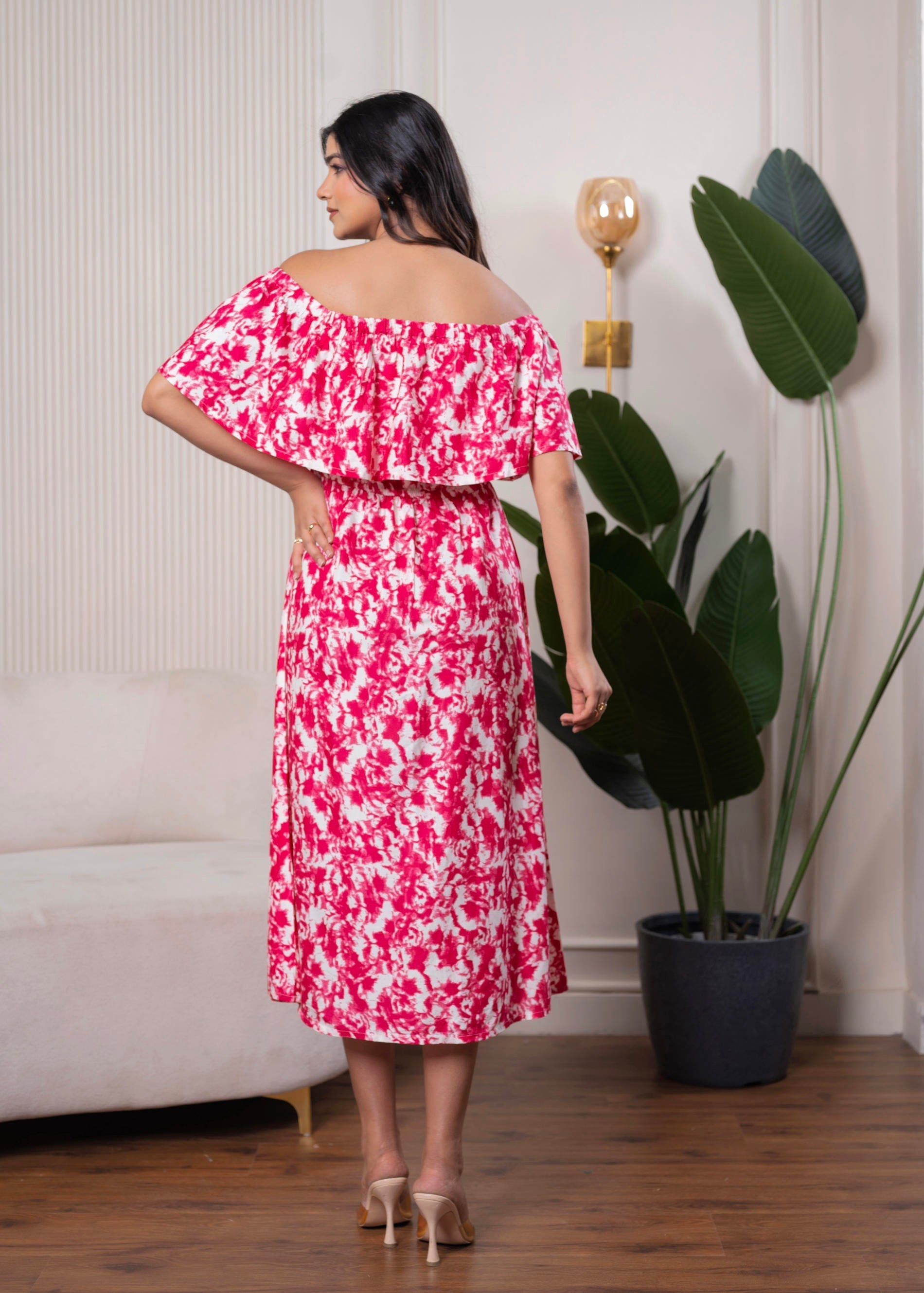 Juniper Lamora Pink & White Off-Shoulder Ruffle Midi Dress - Distacart