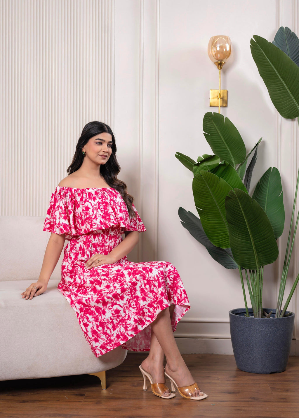 Juniper Lamora Pink & White Off-Shoulder Ruffle Midi Dress - Distacart