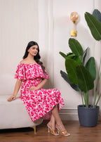 Juniper Lamora Pink & White Off-Shoulder Ruffle Midi Dress - Distacart
