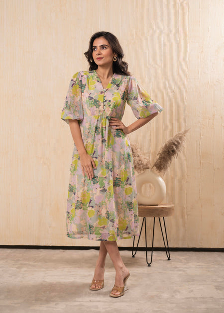Juniper Lamora Pastel Floral A-Line Midi Dress