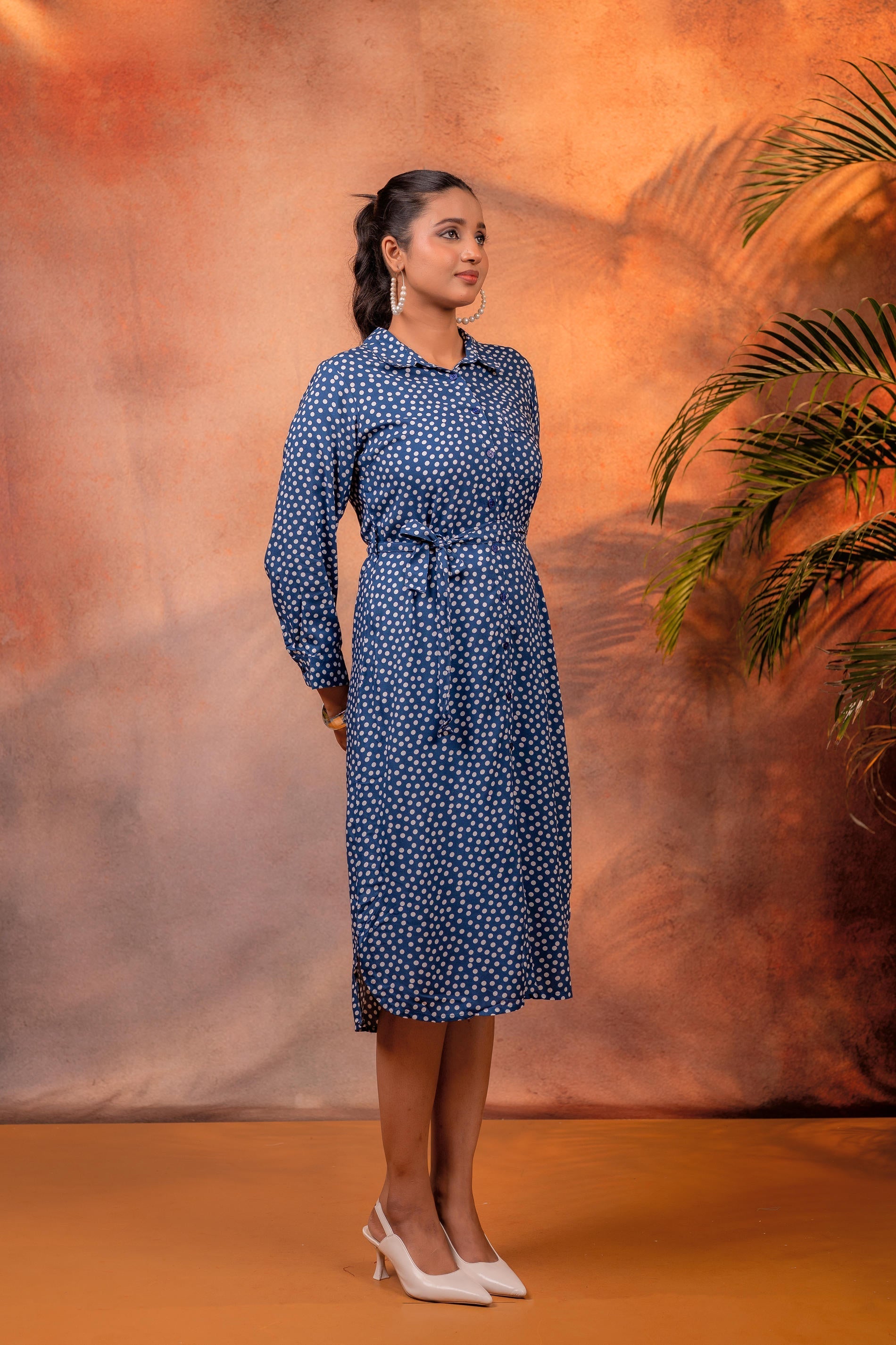 Juniper Lamora Navy Blue Polka Dot Shirt Dress With Waist Tie - Distacart