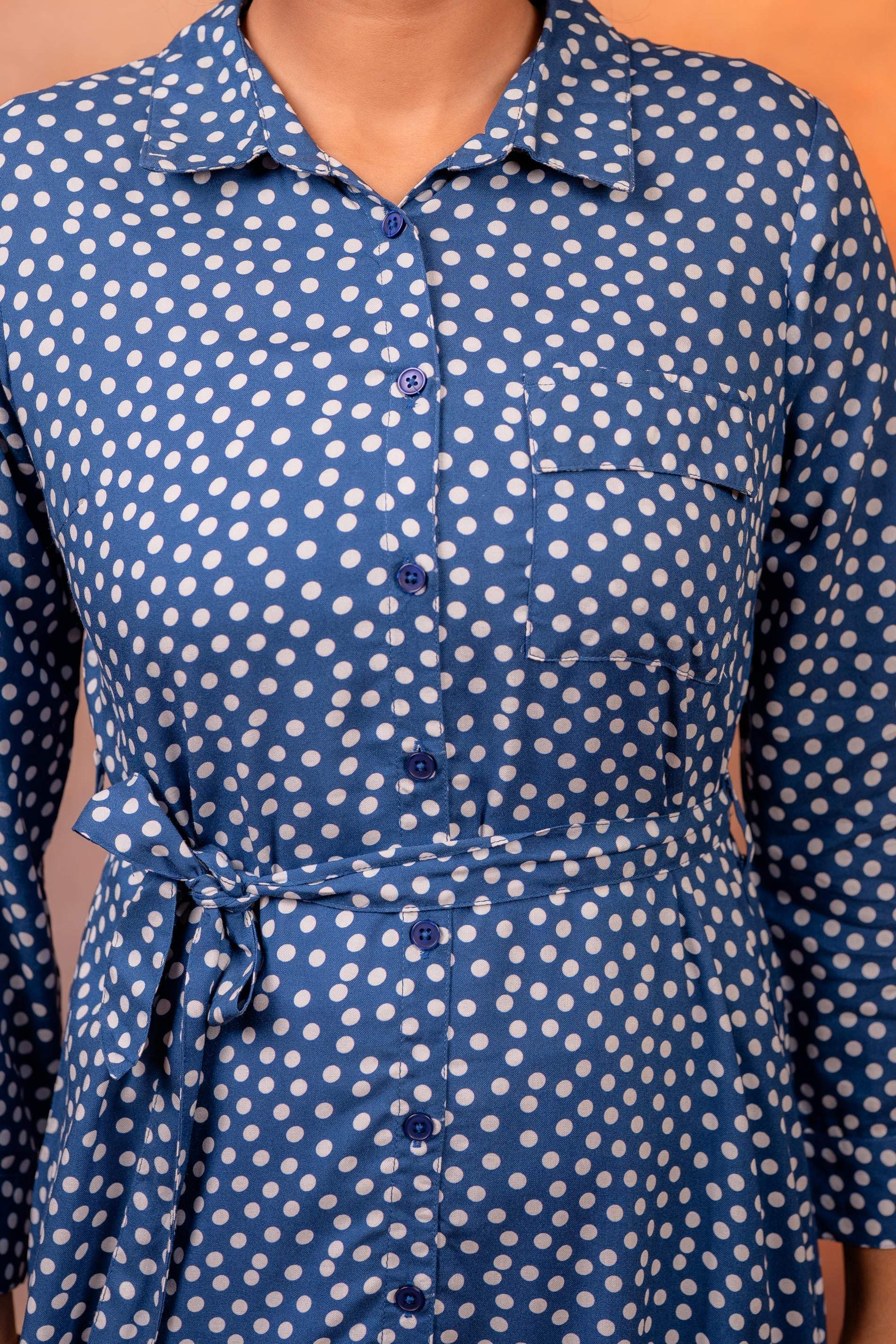 Juniper Lamora Navy Blue Polka Dot Shirt Dress With Waist Tie - Distacart