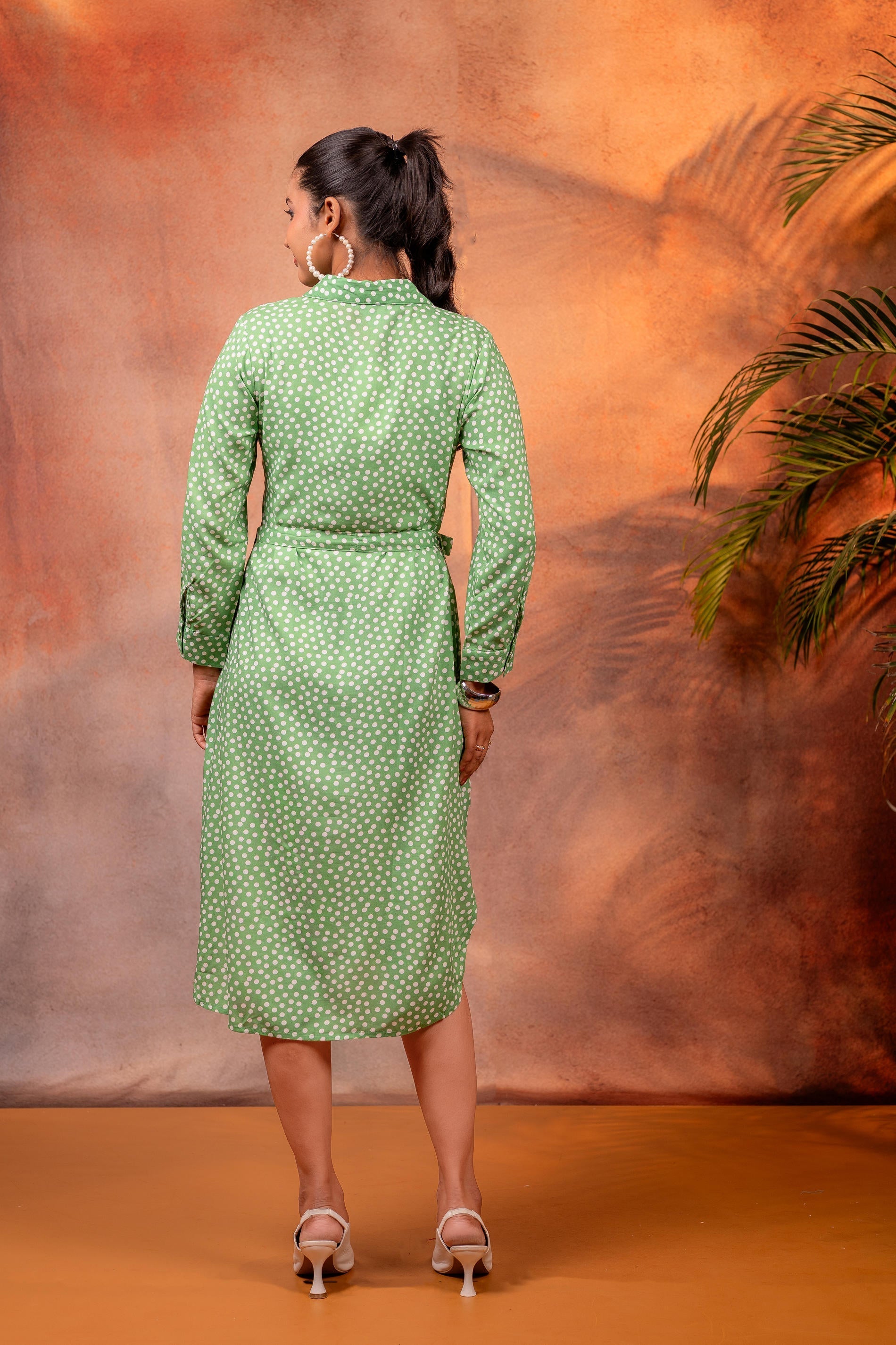 Juniper Lamora Green Polka Dot Shirt Dress With Waist Tie - Distacart