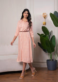 Juniper Lamora Peach & White Geometric Button-Down Midi Shirt Dress With Waist Belt - Distacart