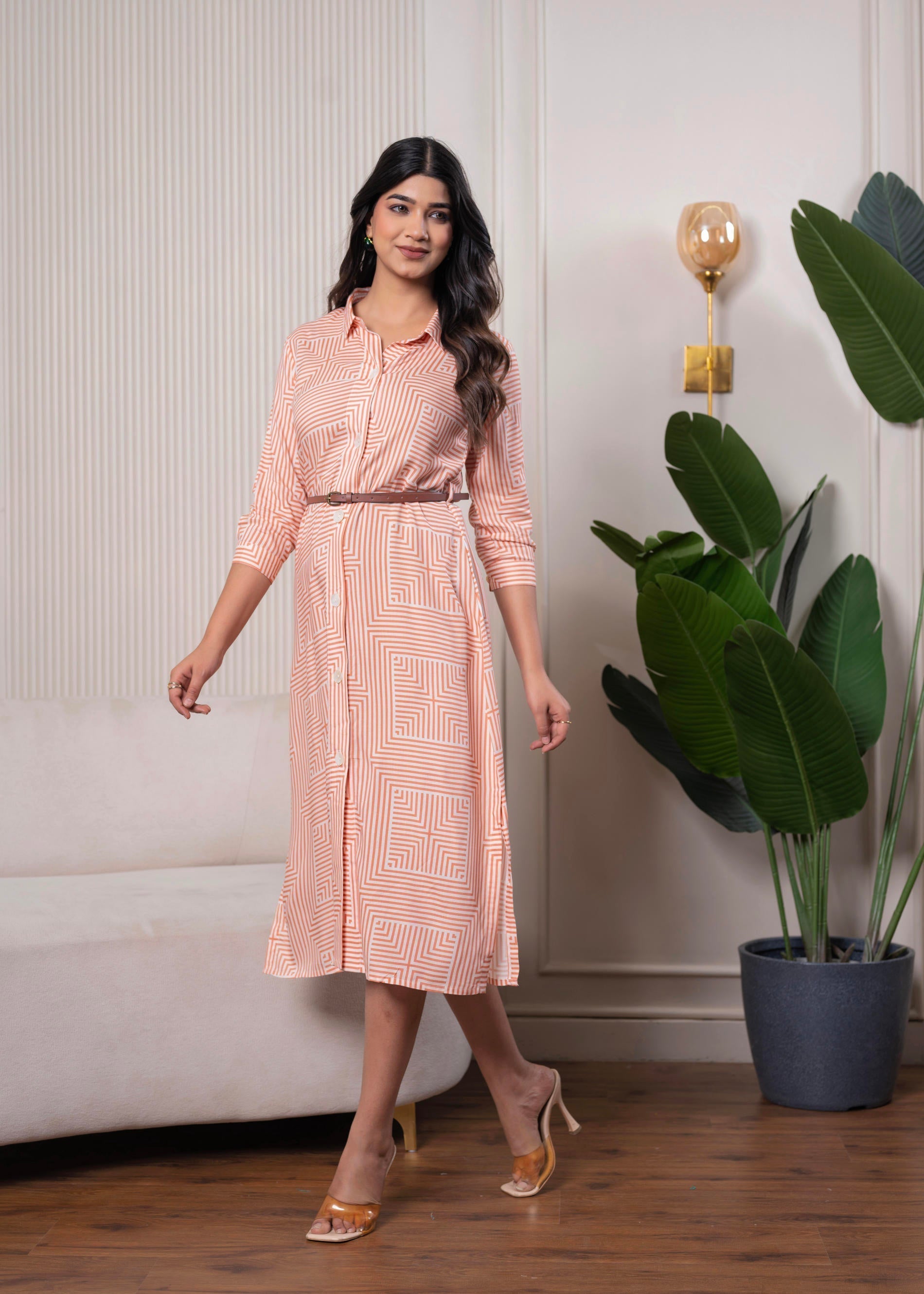 Juniper Lamora Peach & White Geometric Button-Down Midi Shirt Dress With Waist Belt - Distacart