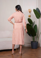 Juniper Lamora Peach & White Geometric Button-Down Midi Shirt Dress With Waist Belt - Distacart
