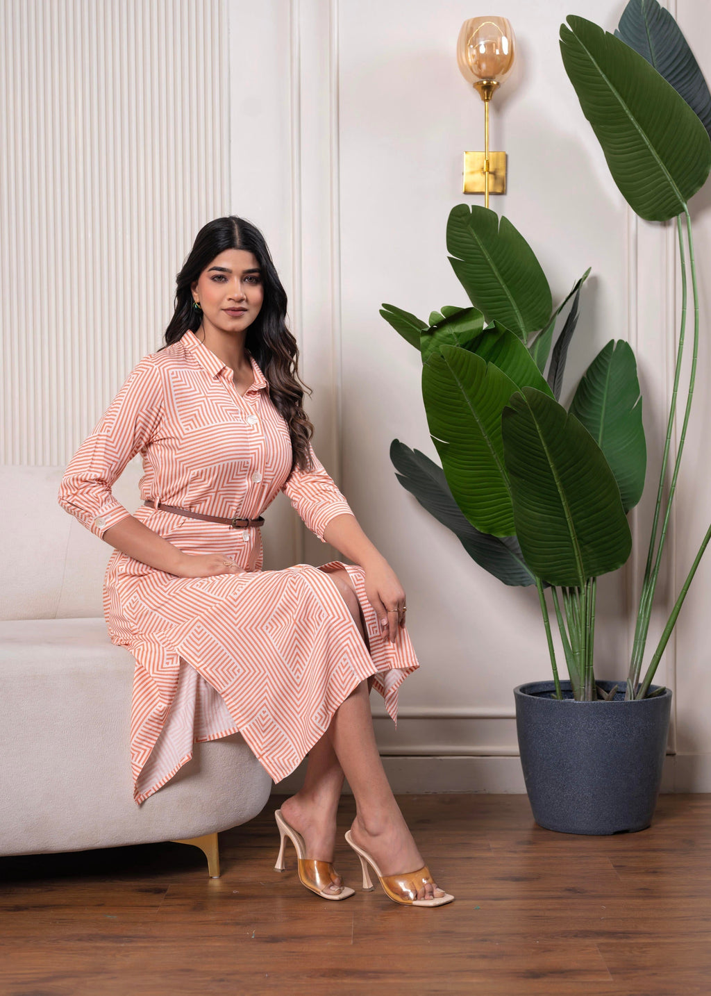 Juniper Lamora Peach & White Geometric Button-Down Midi Shirt Dress With Waist Belt - Distacart