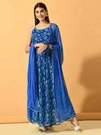 Myshka Women's Blue Festive Flared Anarkali Kurta With Dupatta sets