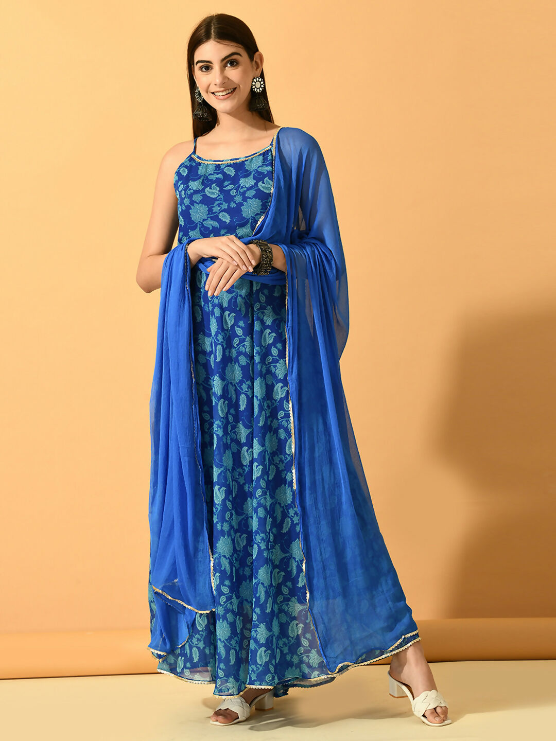 Myshka Women's Blue Festive Flared Anarkali Kurta With Dupatta sets