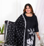 Miravan Women's Plus Size Black Pintucks Detailing Straight Kurta and Palazzo with Dupatta Set