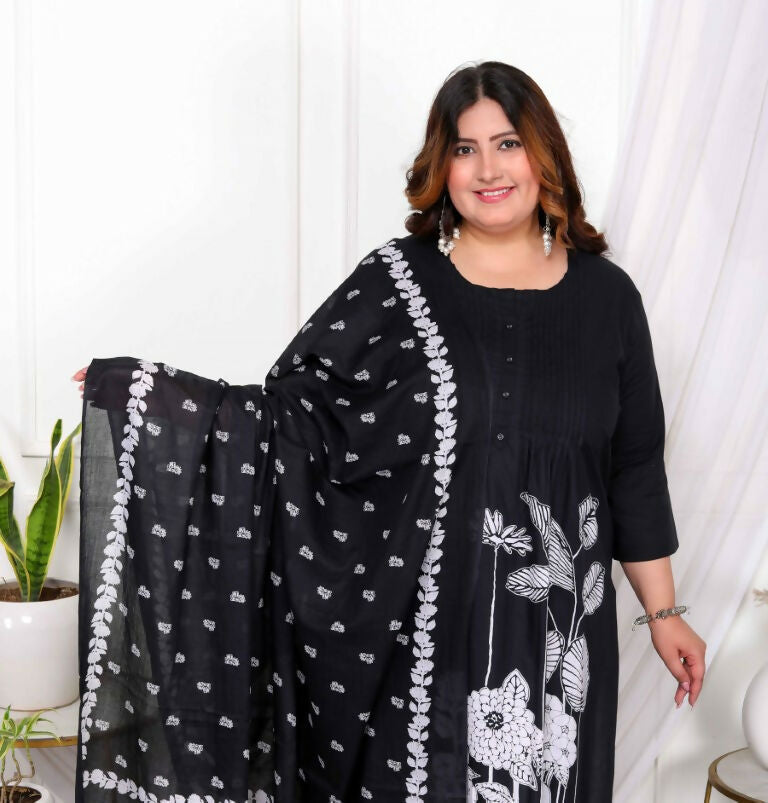 Miravan Women's Plus Size Black Pintucks Detailing Straight Kurta and Palazzo with Dupatta Set