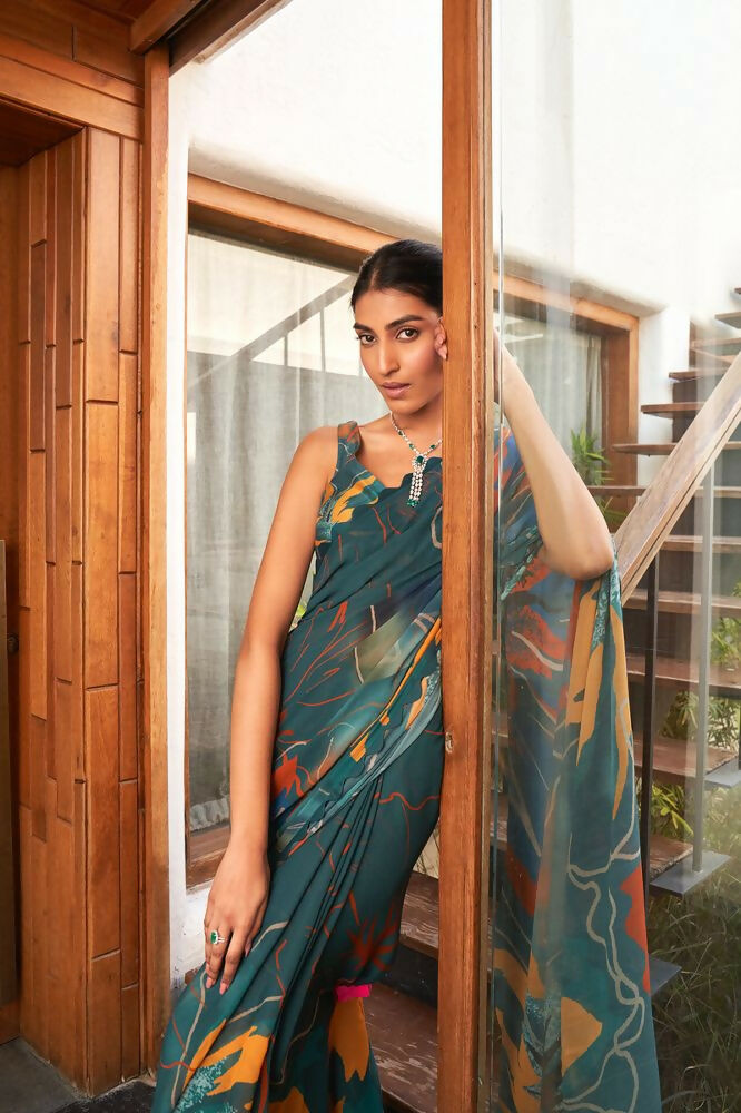 Green Bright Moss Designer Digital Printed Party Wear Saree - Be Verly