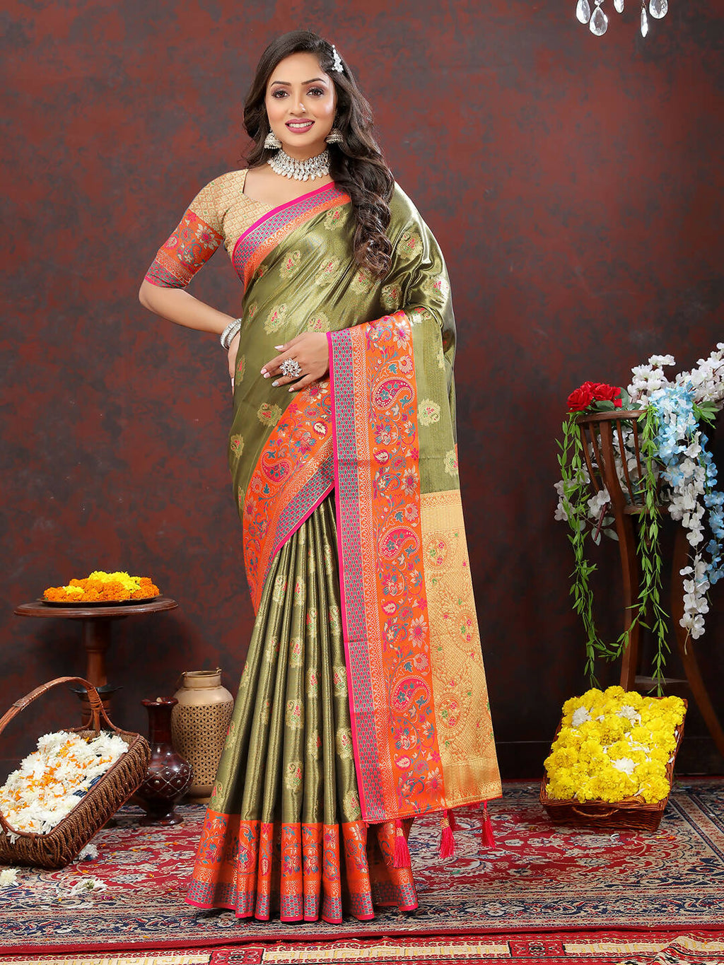 Lorenvalley Fashion Mehndi Kanjivaram Silk Woven Design with Zari Weaving Saree