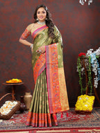 Lorenvalley Fashion Mehndi Kanjivaram Silk Woven Design with Zari Weaving Saree