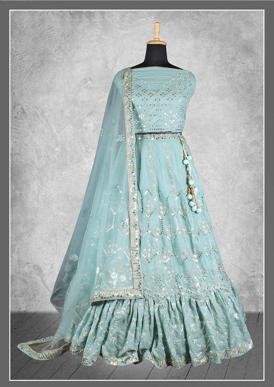 Sea Green Satin Silk Sequins and cord embroidery, cut work Bridal lahenga Choli with Dupatta - Nimaya Pavitra Rista