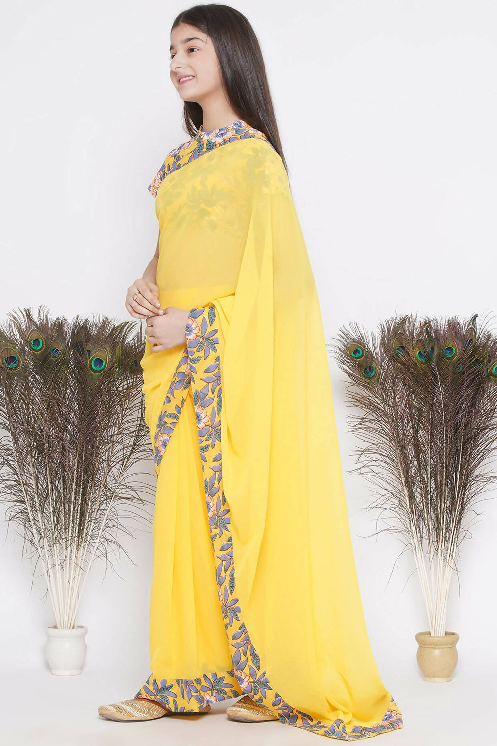 Little Bansi Floral Print Ready To Wear Saree And Floral Blouse - Yellow
