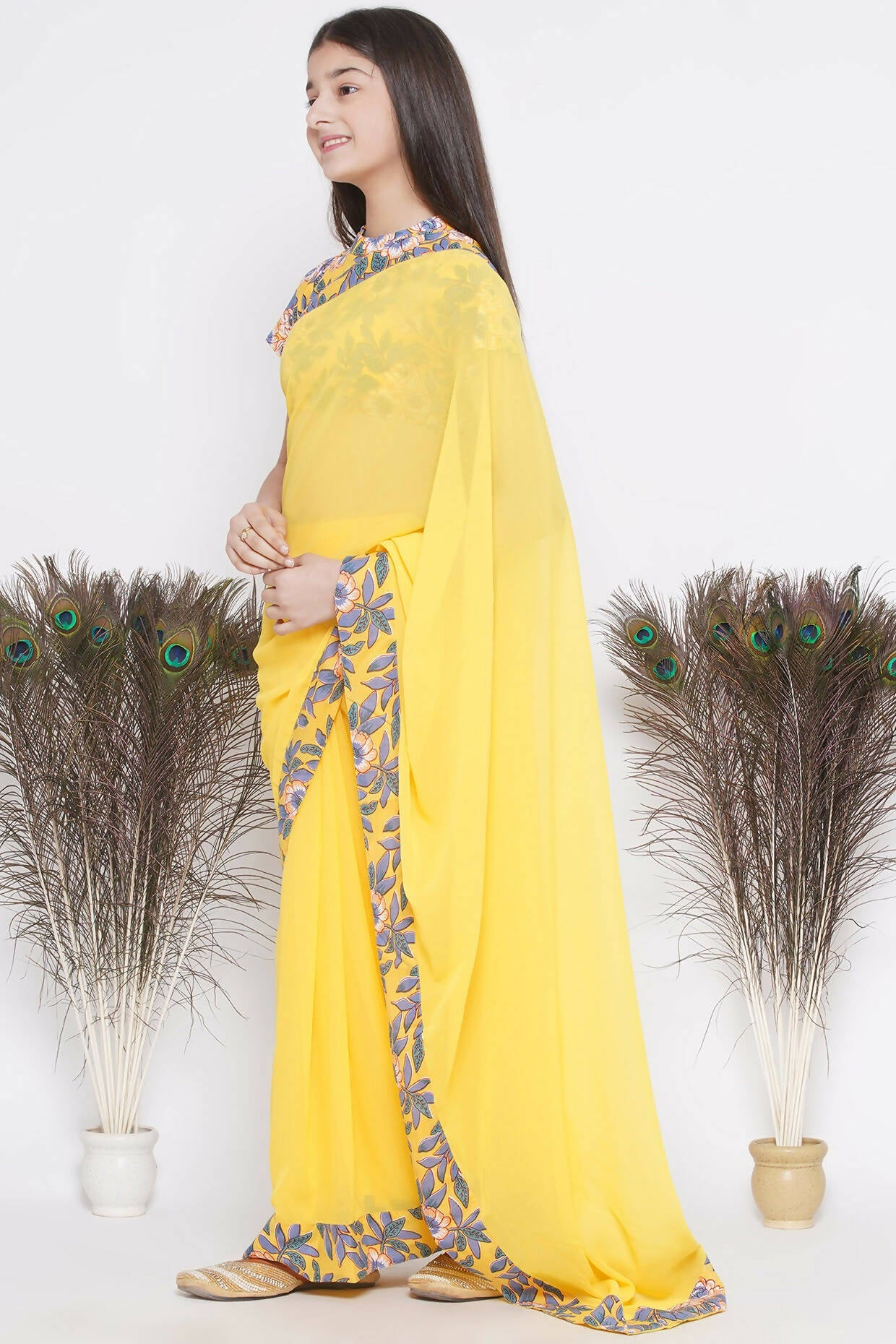 Little Bansi Floral Print Ready To Wear Saree And Floral Blouse - Yellow