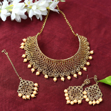 Mominos Fashion Johar Kamal Traditional Rajwadi Design Heavy Golden Color Necklace Set