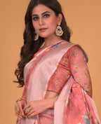 Peach Cotton Silk Floral Printed Saree With Unstitched Blouse Piece - Akshita