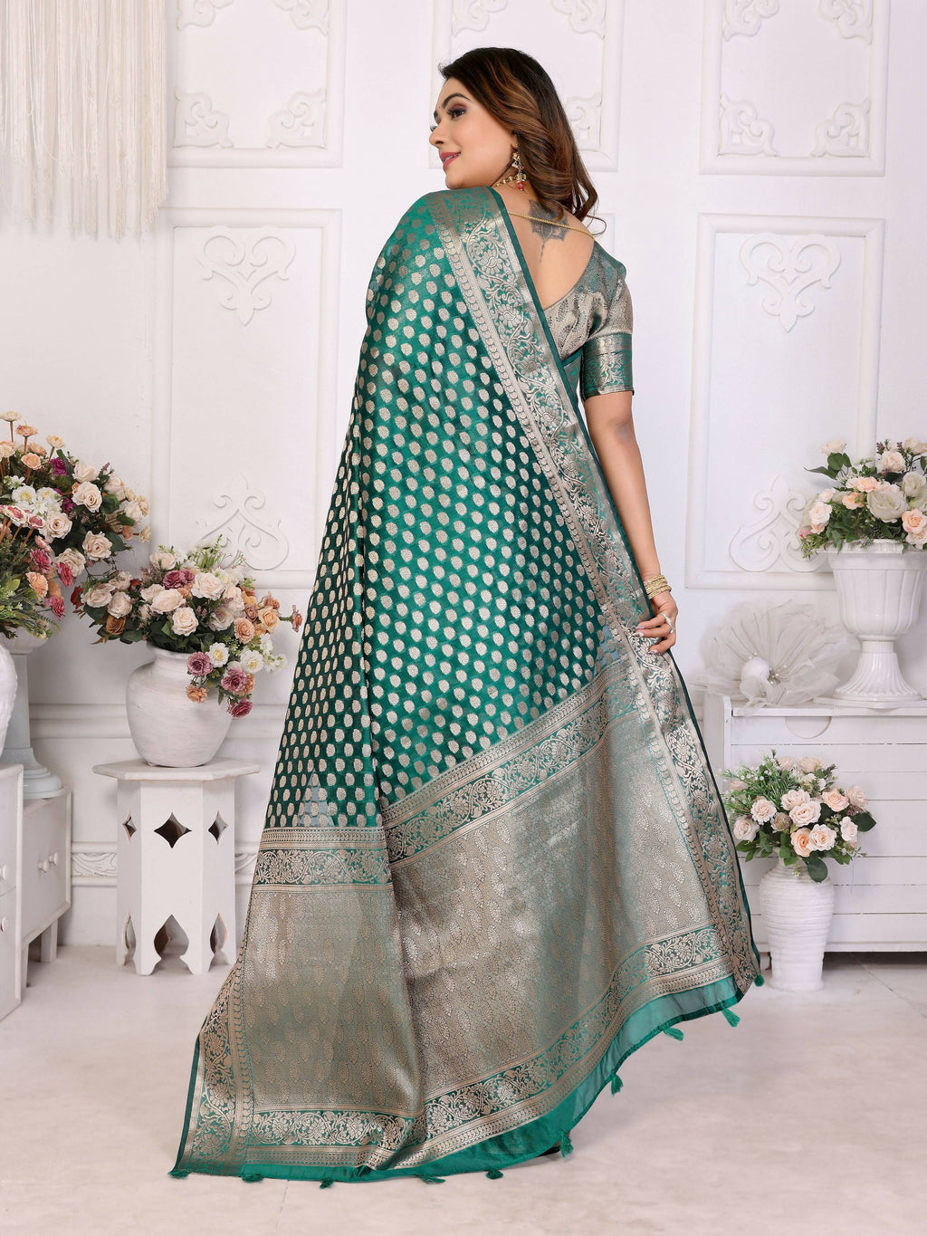 Aastha Fashion Green Organza Silk Weaving Saree - Distacart