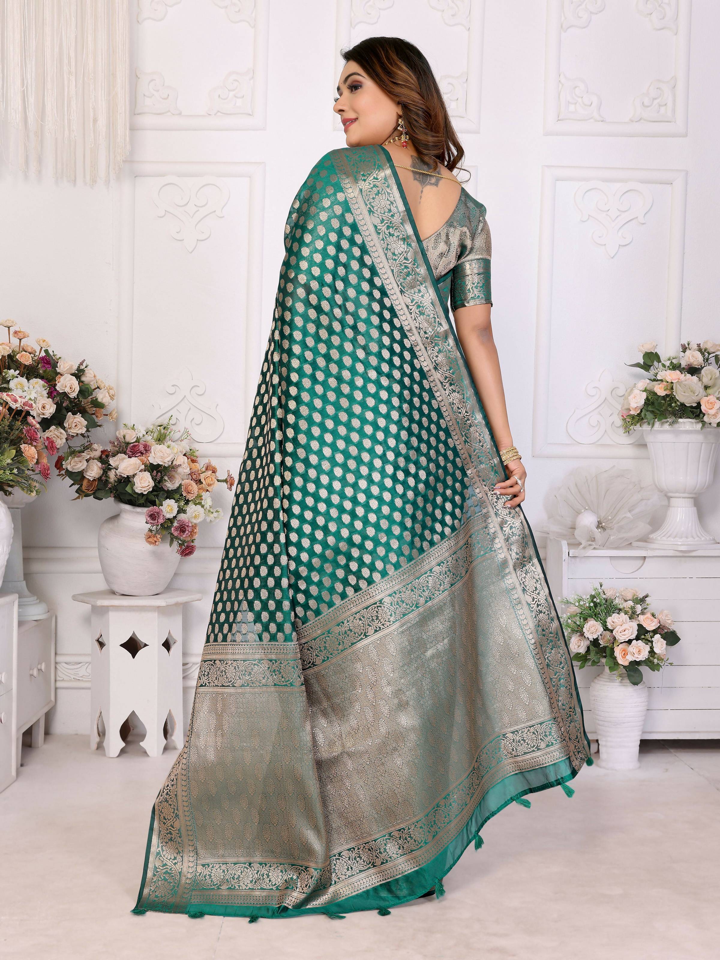 Aastha Fashion Green Organza Silk Weaving Saree - Distacart