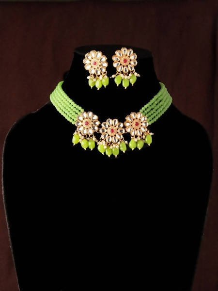 Mominos Fashion Johar Kamal Women's Pista Beads Pearls Gold-Polished Jewellery Set