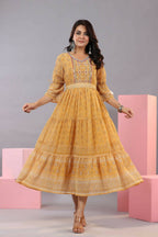 Juniper Women Yellow Georgette Geometric Printed Tiered Maxi Dress - Distacart