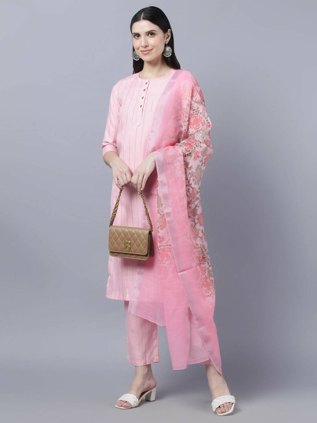 Myshka Women Pink Panelled Pure Cotton Kurta with Trousers With Dupatta Set - Distacart