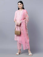 Myshka Women Pink Panelled Pure Cotton Kurta with Trousers With Dupatta Set - Distacart
